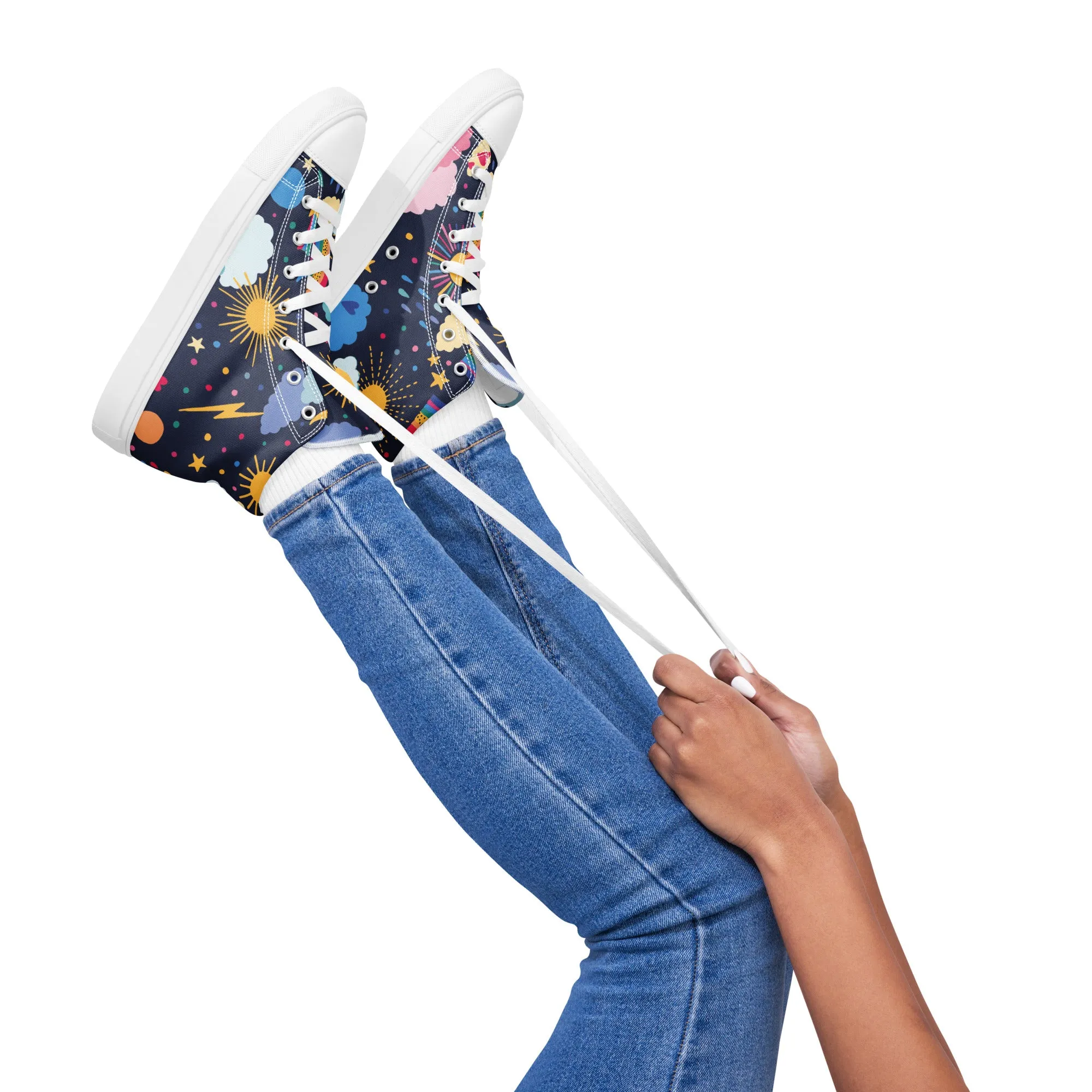 Women's Stylish High Top Canvas Shoes with a Fun Galaxy Design. Step into Fashionable Fun!