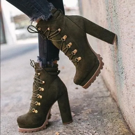 Women's suede chunky high heel ankle boots rivets décor front lace booties