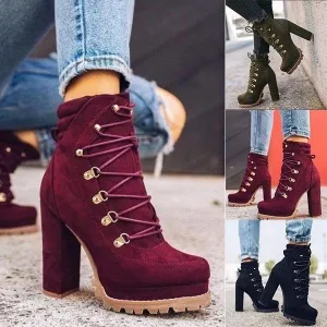 Women's suede chunky high heel ankle boots rivets décor front lace booties