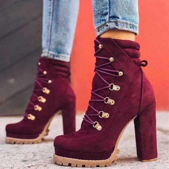 Women's suede chunky high heel ankle boots rivets décor front lace booties